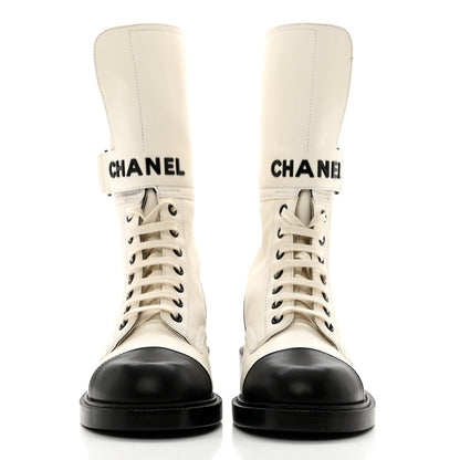 Chanel Calfskin Lace Up Logo Mid Calf Combat Boots 38 White Black 2 of 8