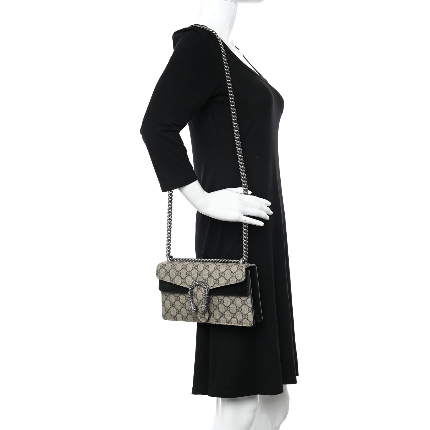 Gucci GG Supreme Monogram Suede Crystal Small Dionysus Shoulder Bag Beige Ebony Black 2 of 12