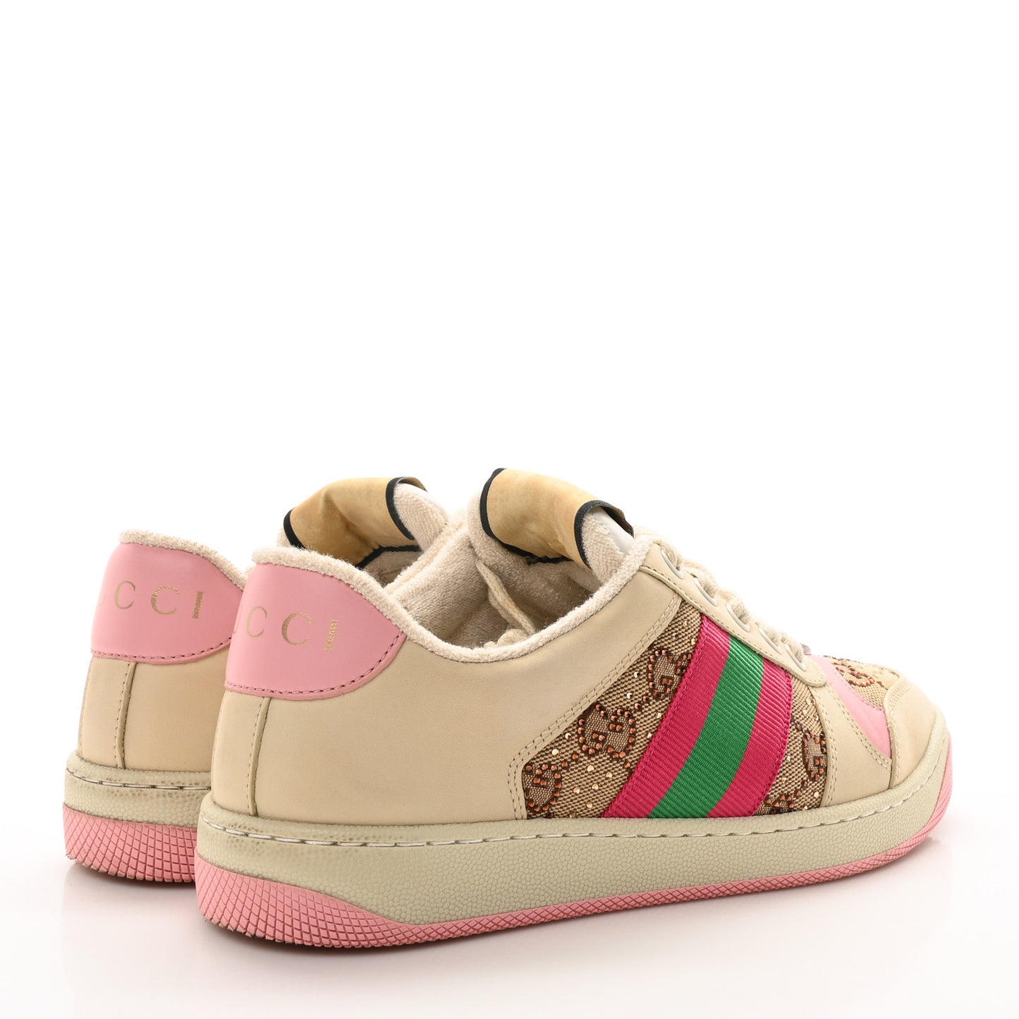 Calfskin GG Supreme Crystals Web Screener Sneakers  36 Camel Ebony Wild Rose