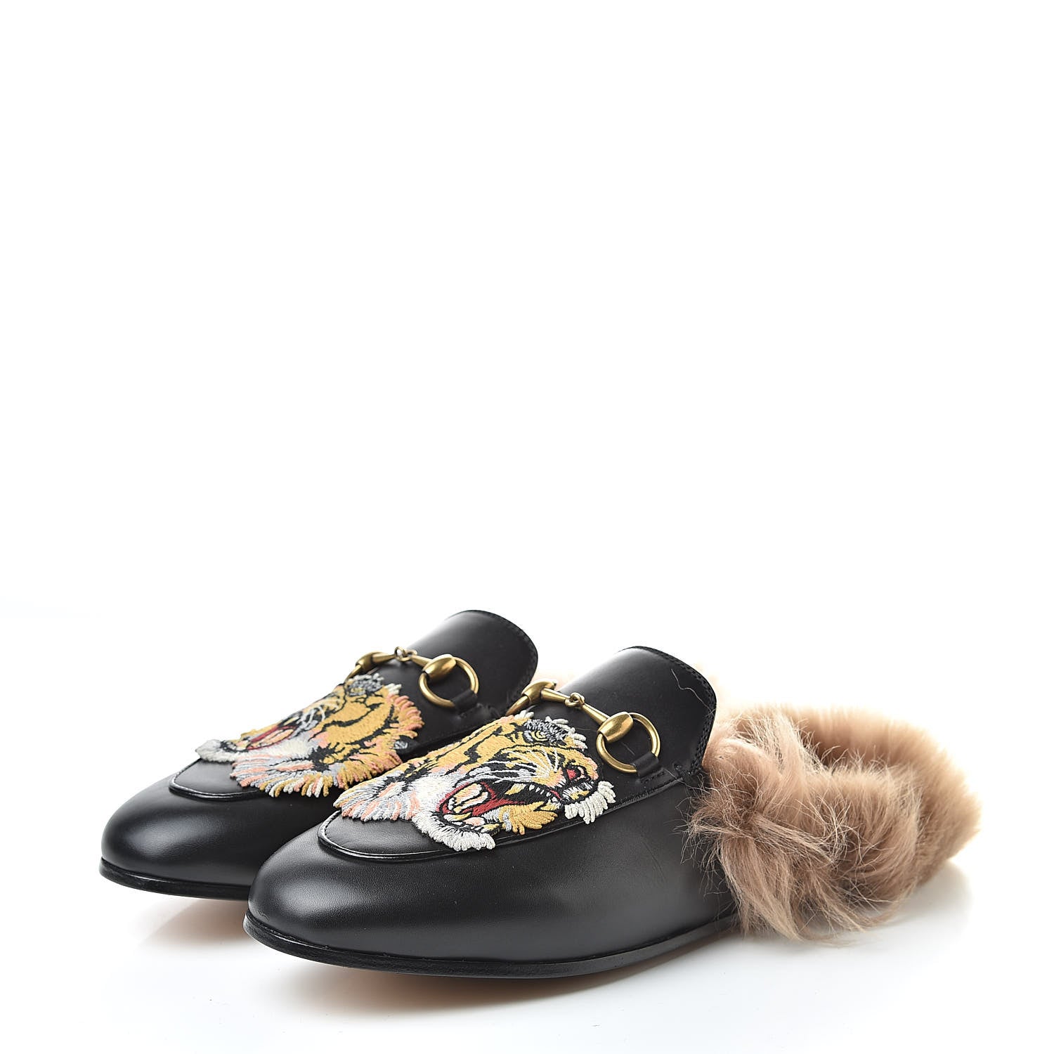 Gucci Calfskin Fur Tiger Embroidered Womens Princetown Slippers 36 Black 3 of 9