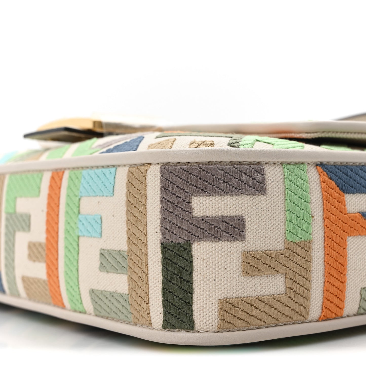 Canvas Vitello Seta FF Multicolor Embroidered Baguette Grezzo Multicolor Latte
