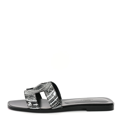 Hermes Calfskin Astrologie Bandana Oran Sandals 38 Black White 1 of 9