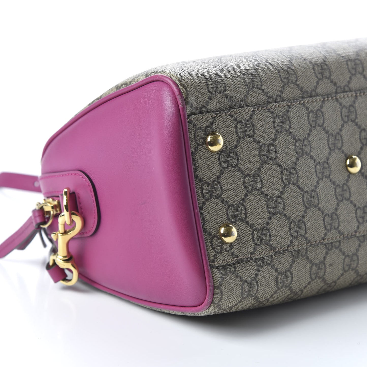 GG Supreme Monogram Moon Calfskin Small Boston Beige Ebony Hibiscus Red New Rosette