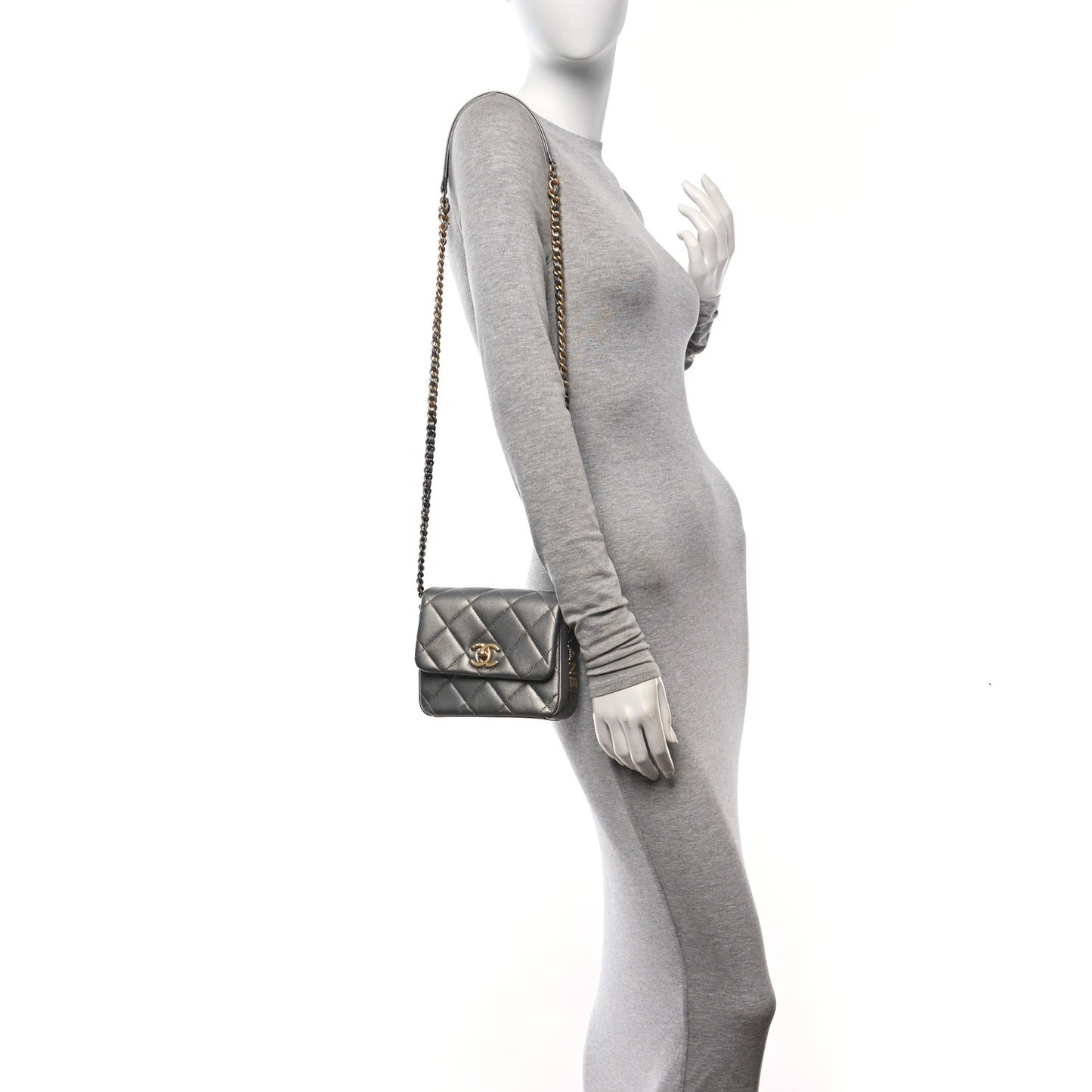 Metallic Lambskin Quilted Mini Side Note Flap Grey