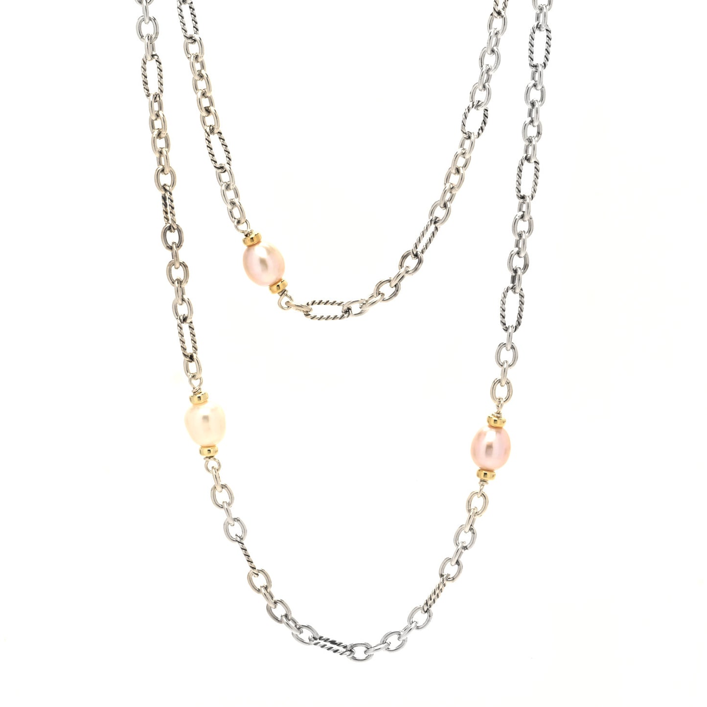 Sterling Silver 18K Yellow Gold Baroque Pearl Long Figaro Chain Necklace