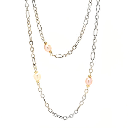 David Yurman Sterling Silver 18K Yellow Gold Baroque Pearl Long Figaro Chain Necklace 1 of 5