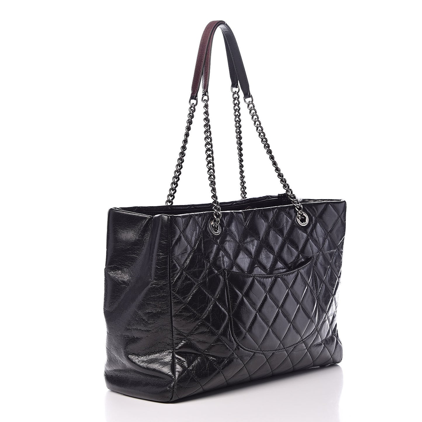 Glazed Calfskin Quilted Large Duo Color Tote Black