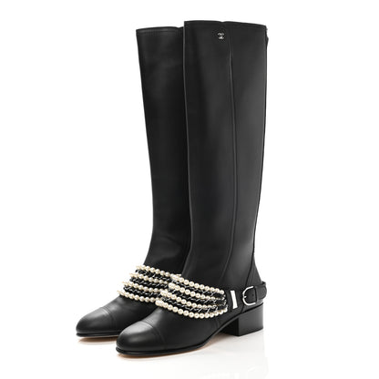 Chanel Calfskin Pearl Cap Toe High Boots 39 Black 3 of 9