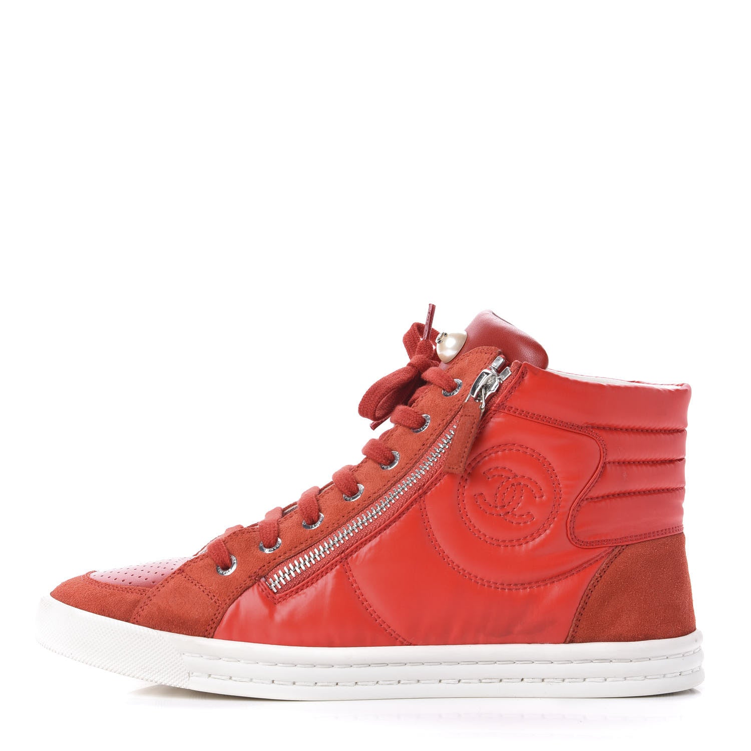 Chanel Calfskin Pearl High Top CC Sneakers 39 Red 1 of 10