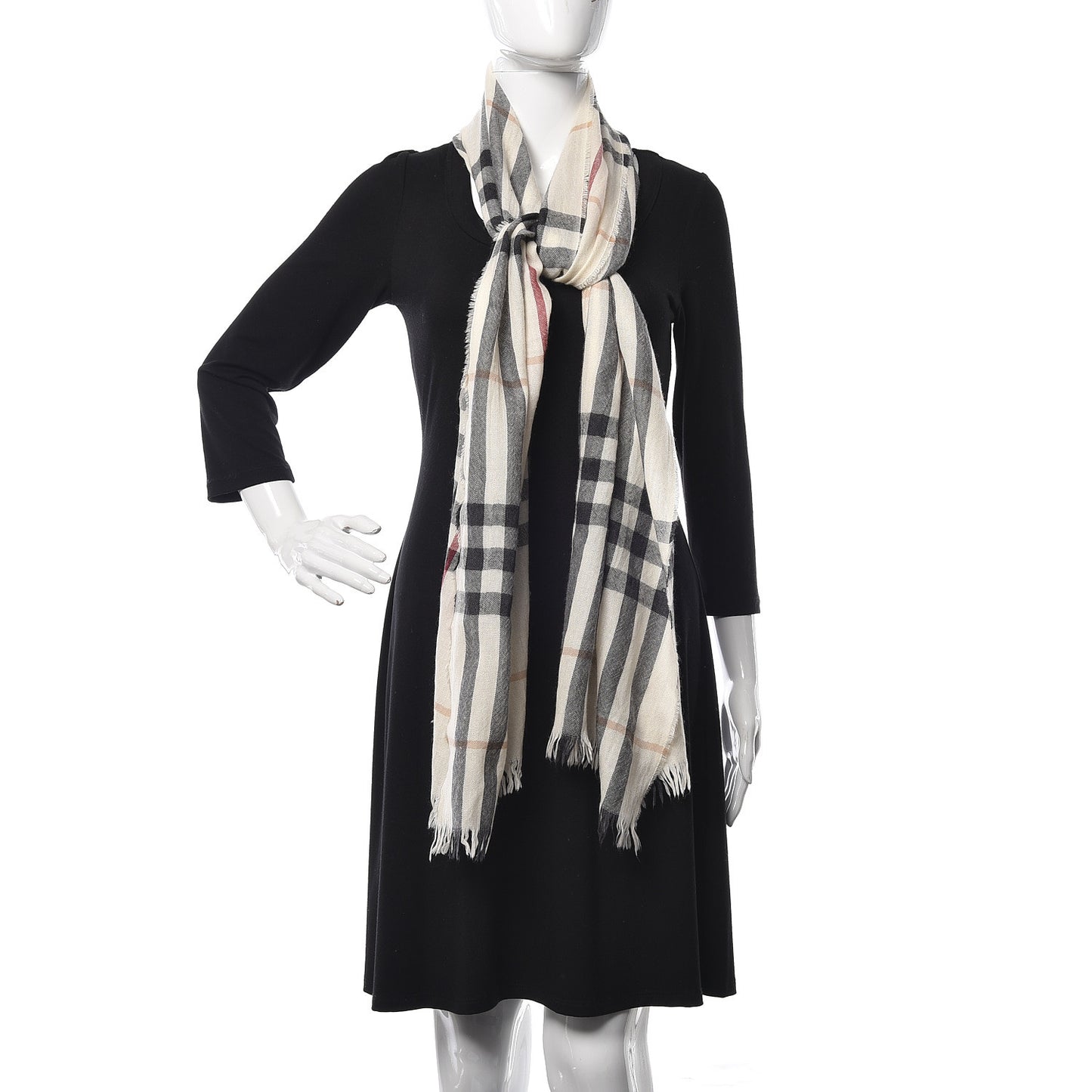 Merino Wool Cashmere Check Lightweight Scarf Ivory