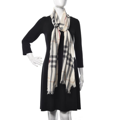 Burberry Merino Wool Cashmere Check Lightweight Scarf Ivory 2 of 6
