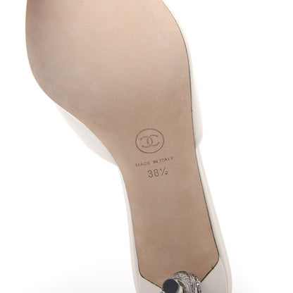 Chanel Goatskin Grosgrain Cap Toe Snake Pearl Mule 38.5 Beige Black 6 of 8