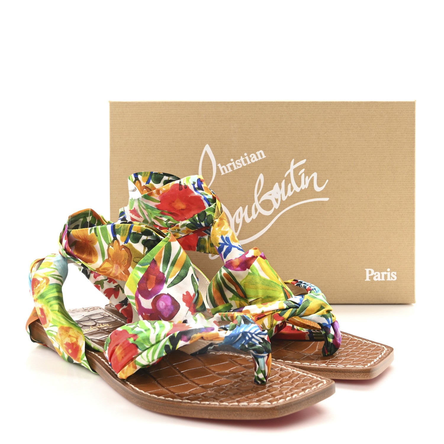 Christian Louboutin Calfskin Crocodile Embossed Crepe Satin Floral Niloofar Flat Sandals 38 Multicolor Biscotto 9 of 9