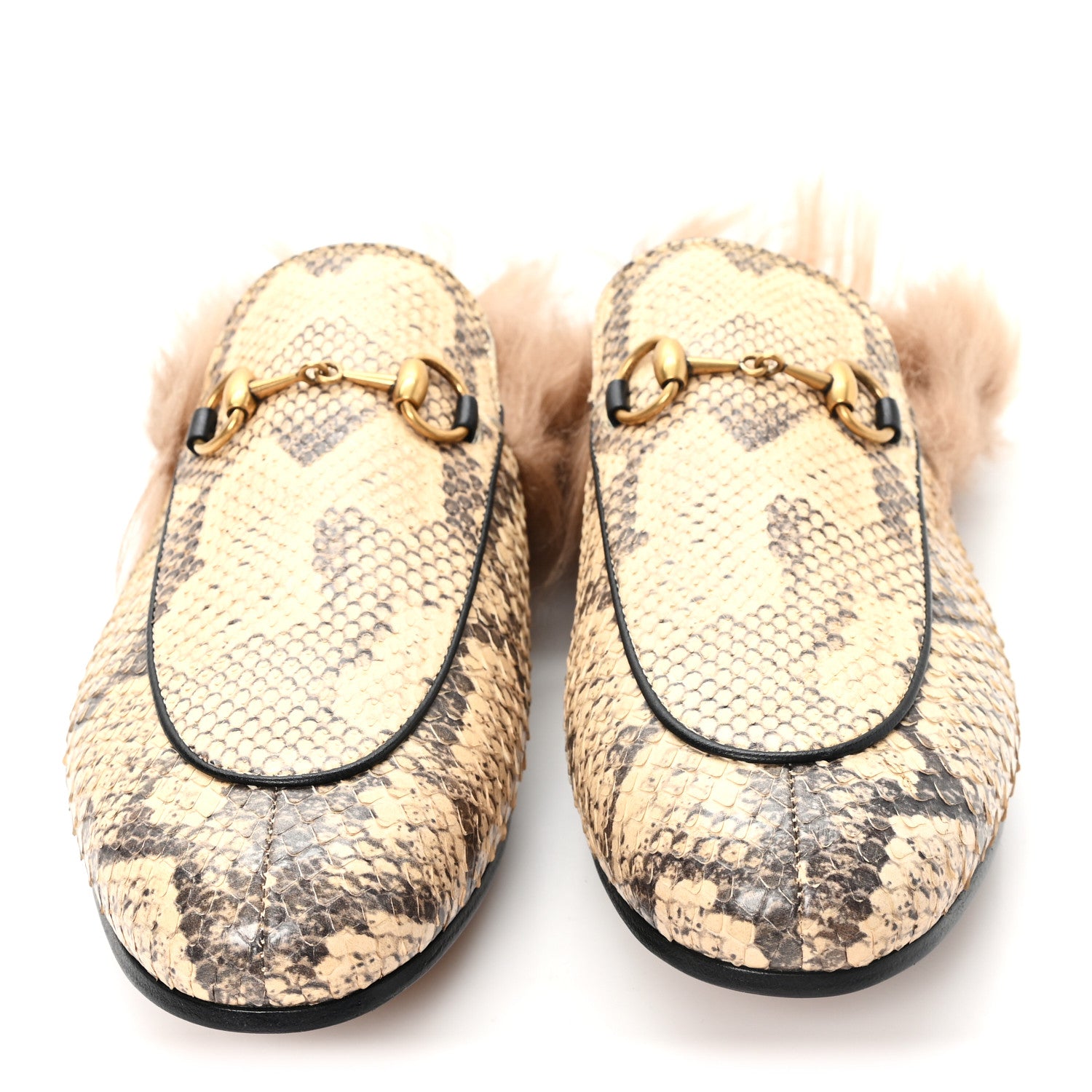 Gucci Snakeskin Fur Womens Princetown Slippers 37.5 Black Natural