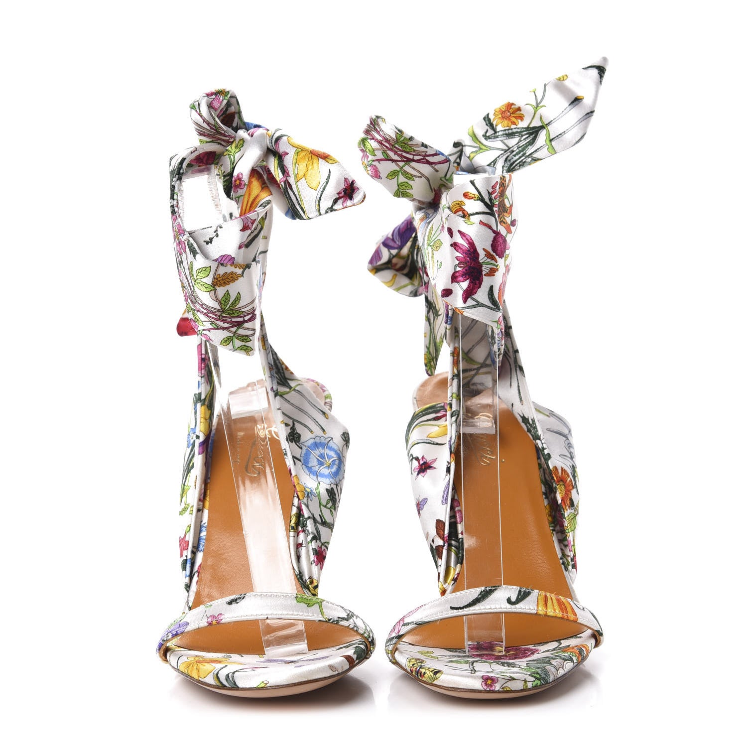 Gucci Satin Floral Ankle Strap Wedge Sandals 35 White Multicolor 2 of 8