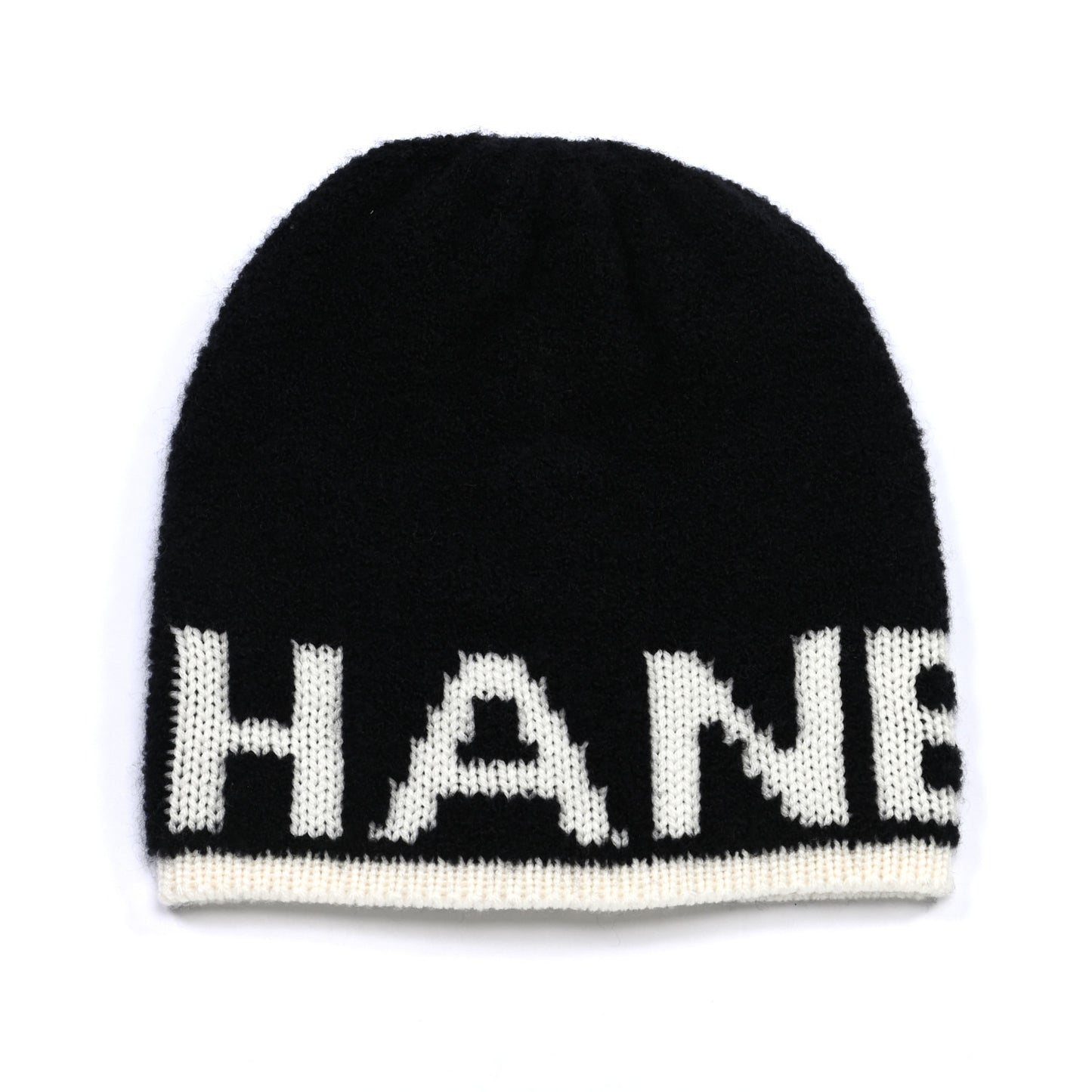 Cashmere Wool Silk Logo Beanie Hat Black White