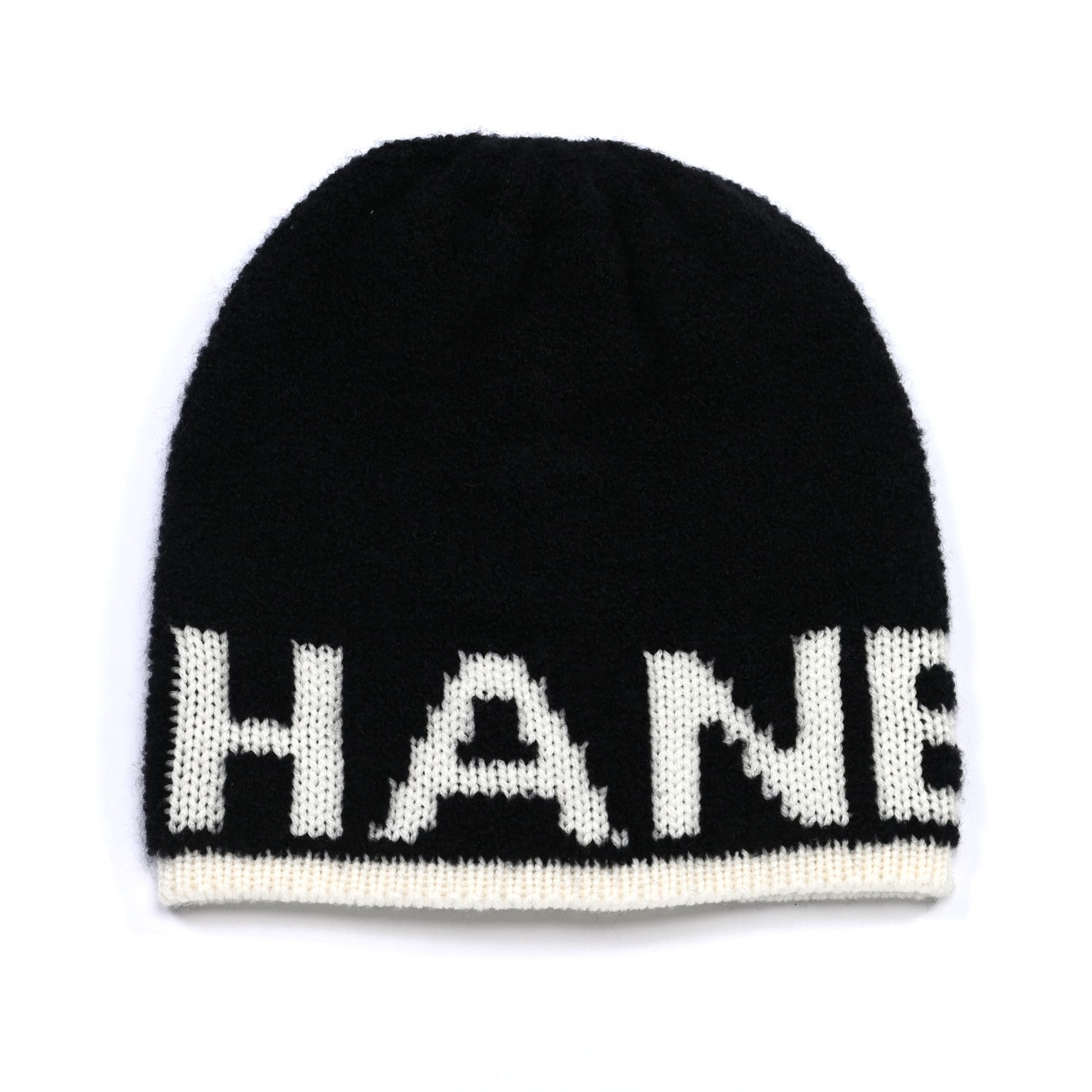 Chanel Cashmere Wool Silk Logo Beanie Hat Black White 2 of 6