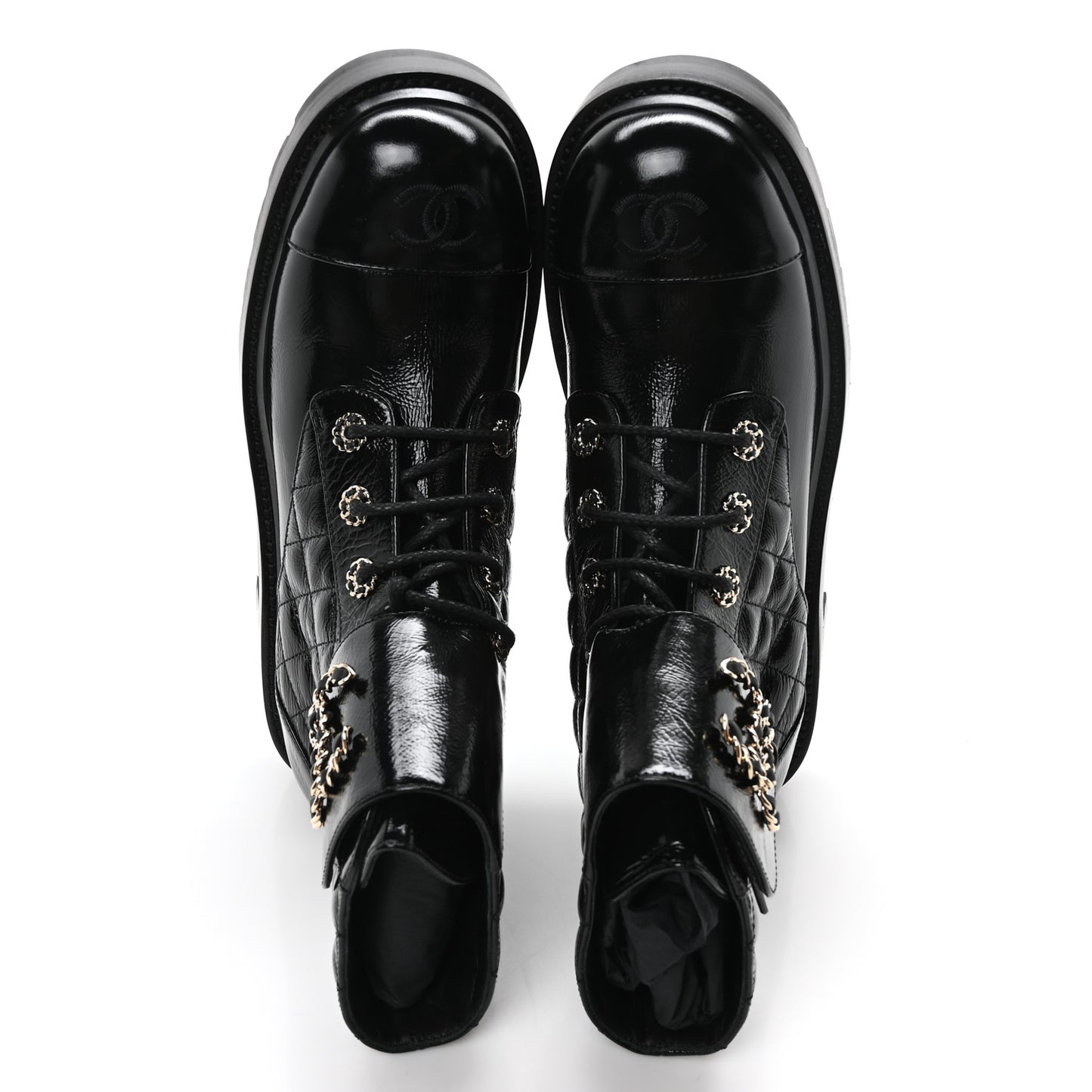 Shiny Calfskin Quilted Lace Up Combat Boots 40.5 Black