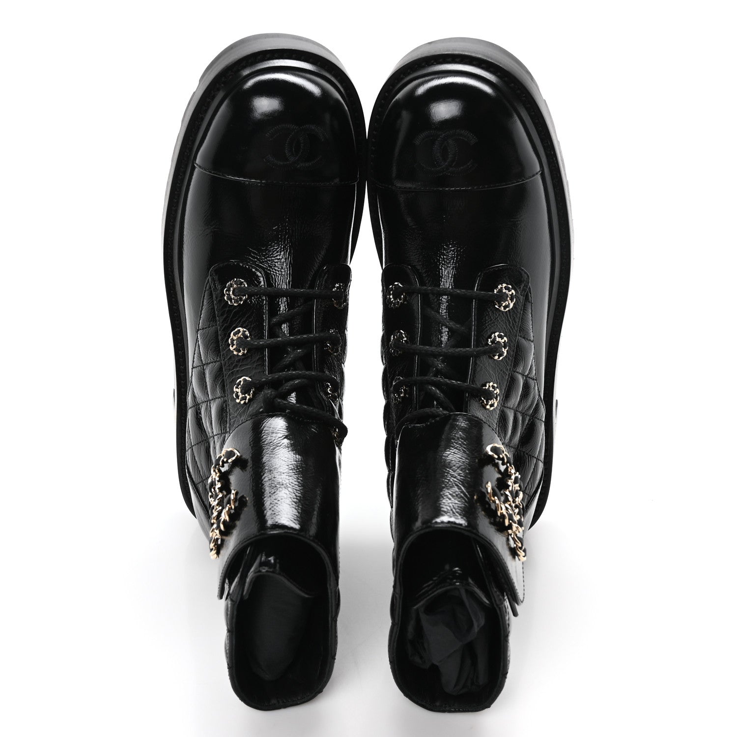 Chanel Shiny Calfskin Quilted Lace Up Combat Boots 40.5 Black 2 of 8