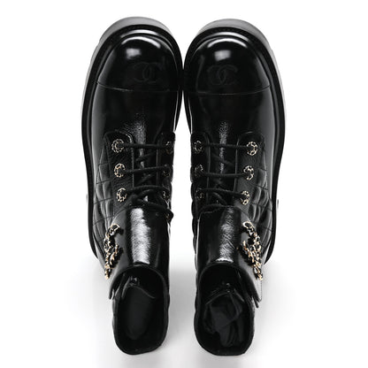 Chanel Shiny Calfskin Quilted Lace Up Combat Boots 40.5 Black 2 of 8
