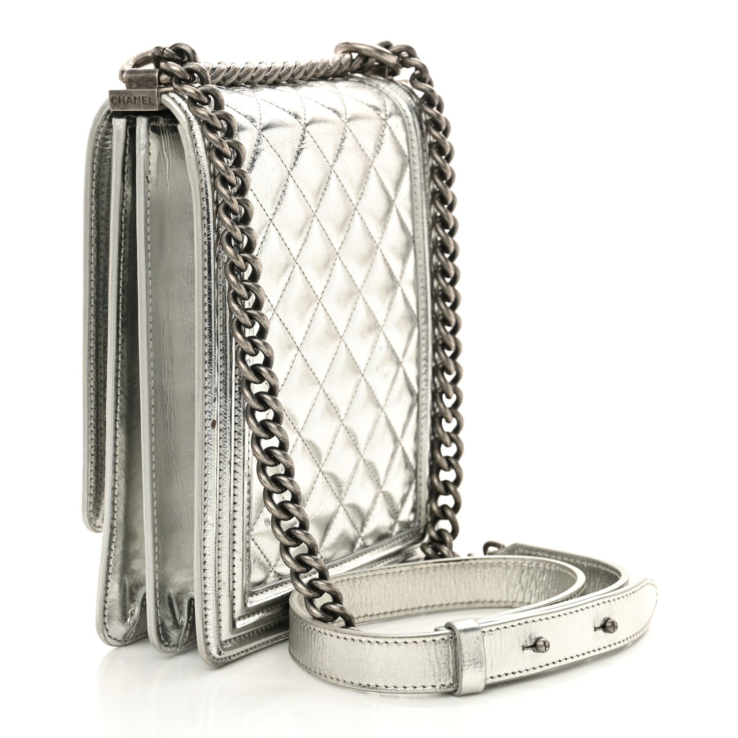 Chanel Metallic Goatskin Quilted North South Boy Flap Silver 3 of 16