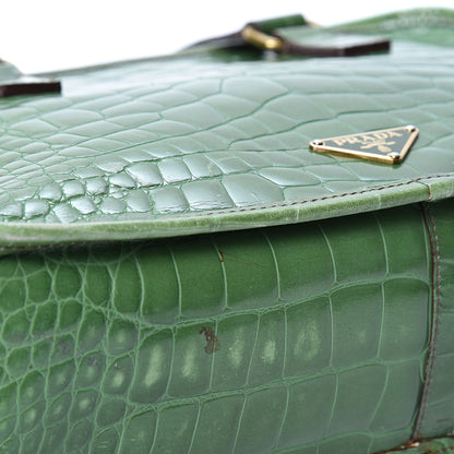 Prada Shiny Calfskin Crocodile Embossed Double Zip Bauletto Larice 9 of 11