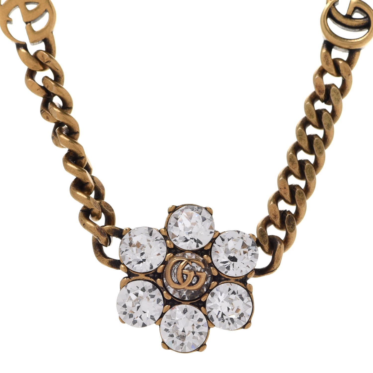 Gucci Crystal Embellished Double G Necklace Aged Gold 4 of 9