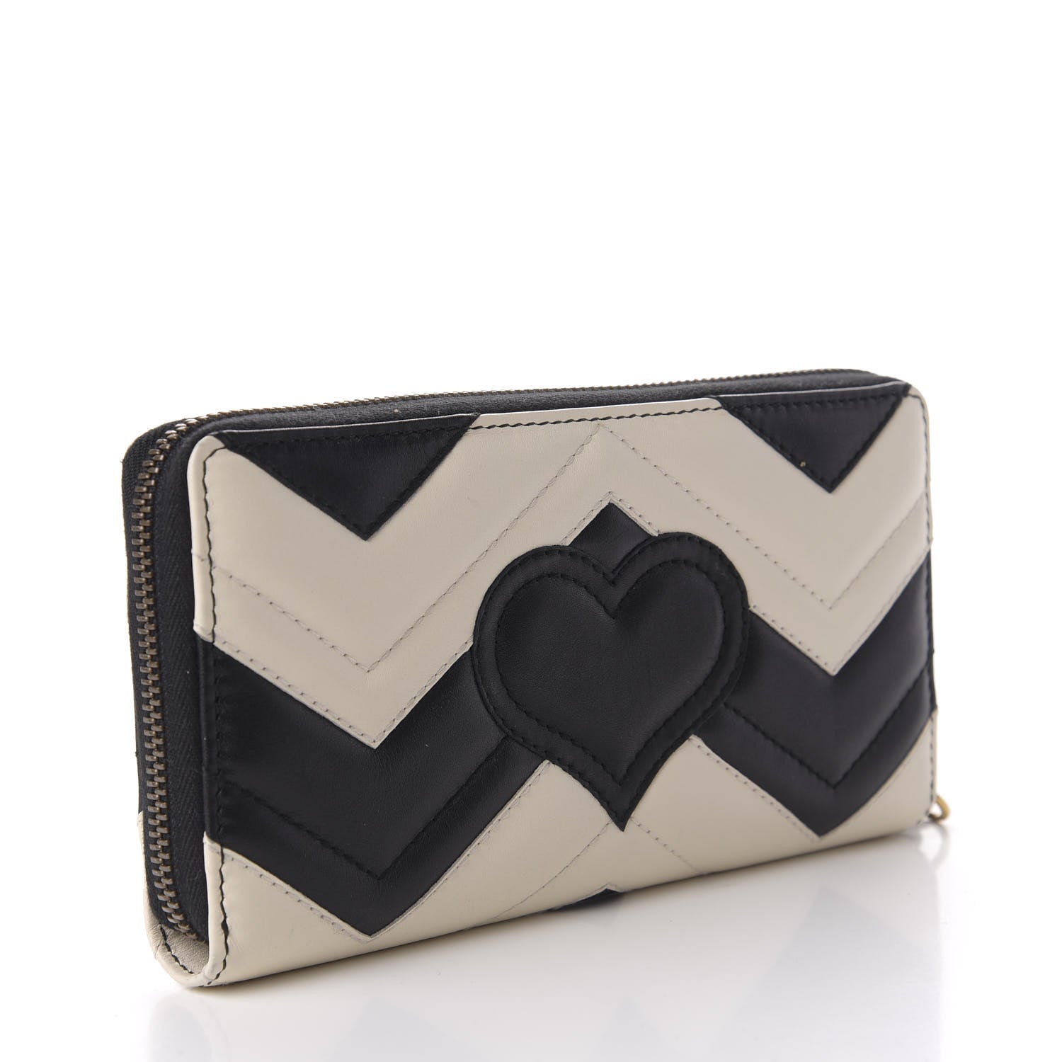 Gucci Calfskin Matelasse GG Marmont Zip Around Wallet Black White 3 of 6