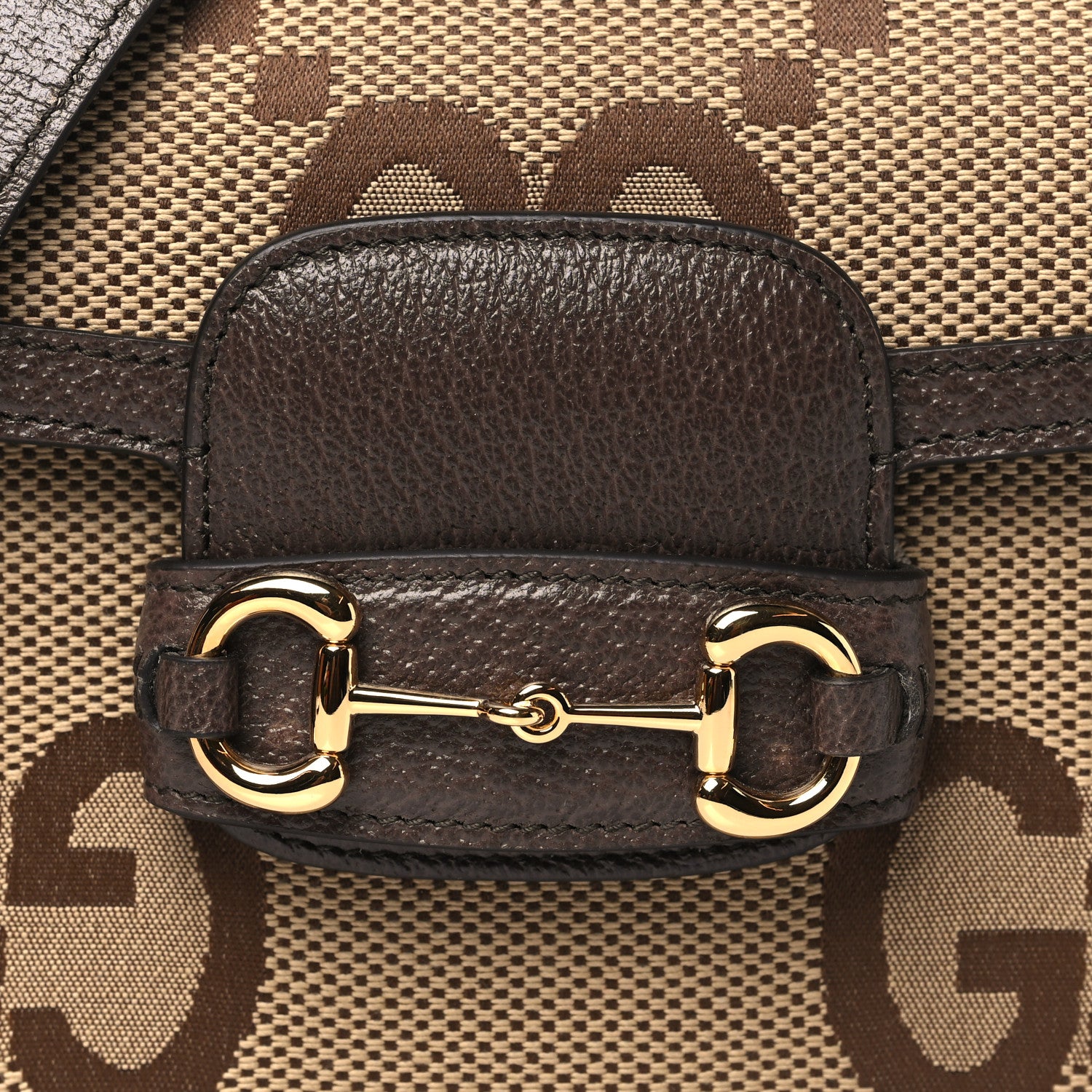 Gucci Monogram Jumbo GG Textured Dollar Calfskin Web Mini Horsebit 1955 Shoulder Bag Camel Ebony New Acero 8 of 10