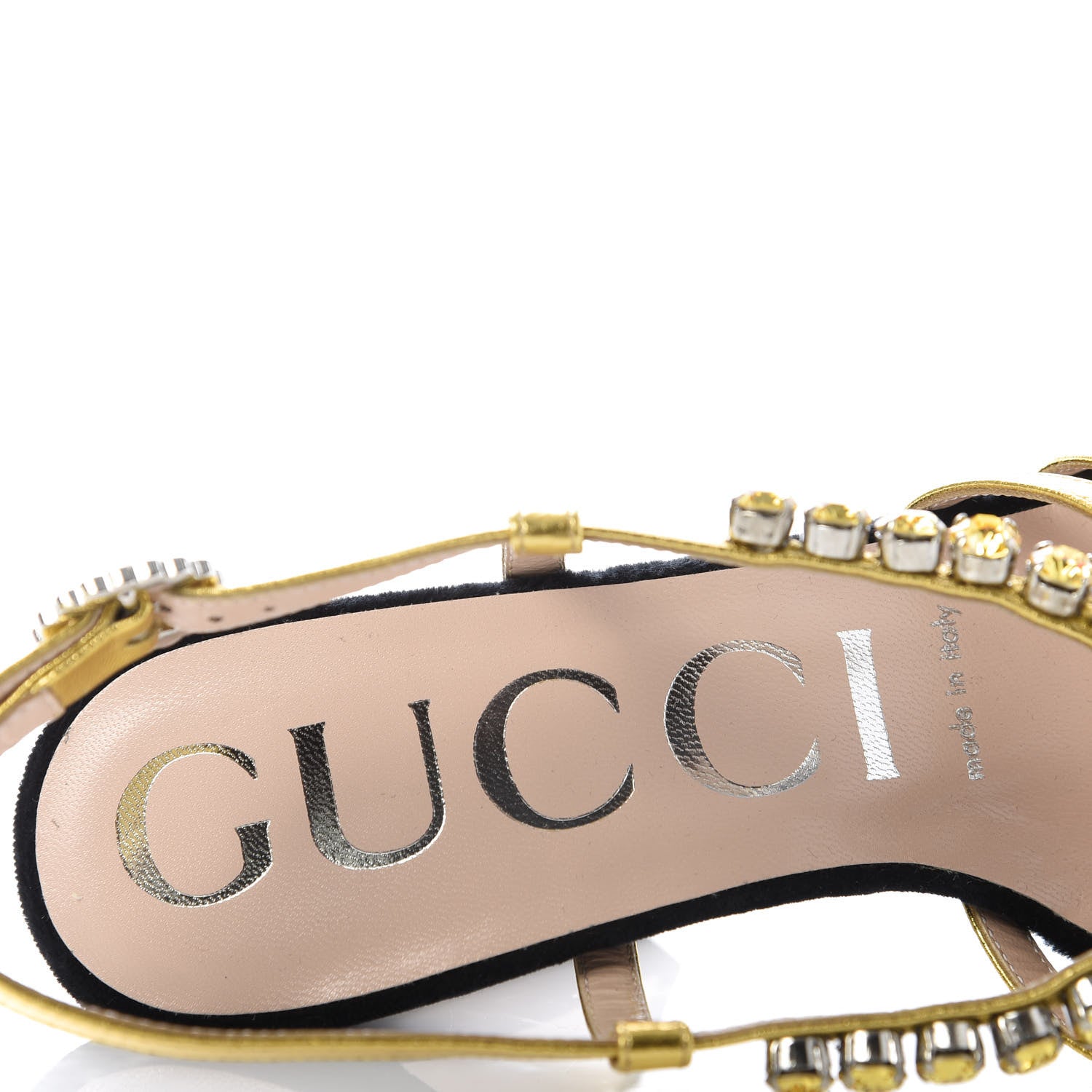Gucci Velvet Nappa Crystal Zephyra Slingback Platform High Heel Sandals 36 Black Gold 7 of 9