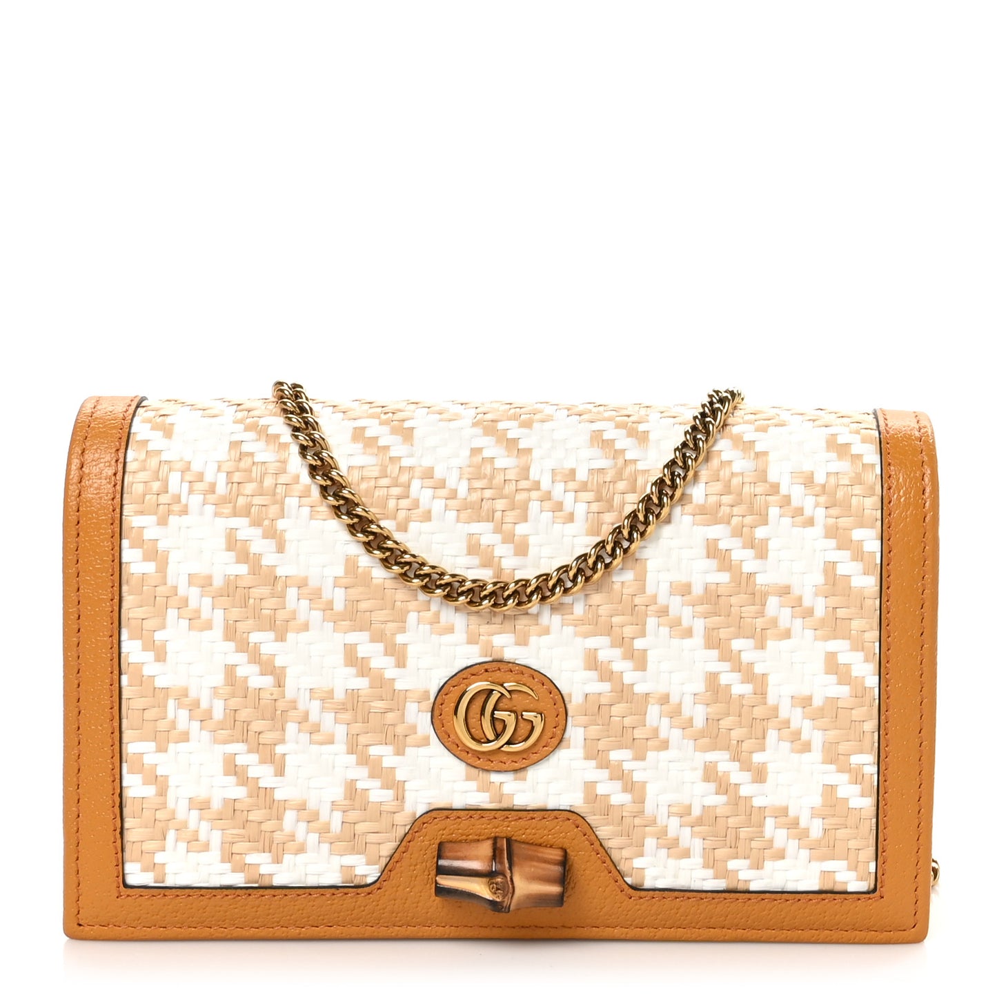 Polished Raffia Textured Dollar Calfskin Houndstooth Mini Diana Chain Bag Natural Sun Oil Mystic White