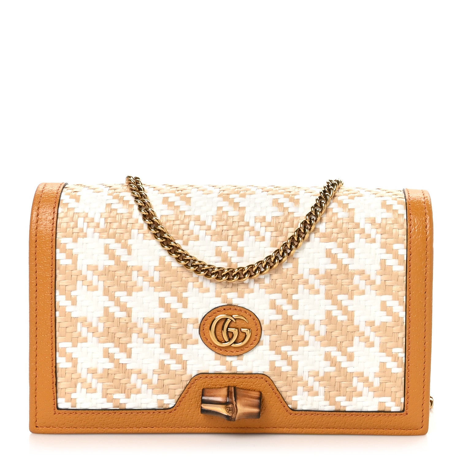 Gucci Polished Raffia Textured Dollar Calfskin Houndstooth Mini Diana Chain Bag Natural Sun Oil Mystic White 1 of 11