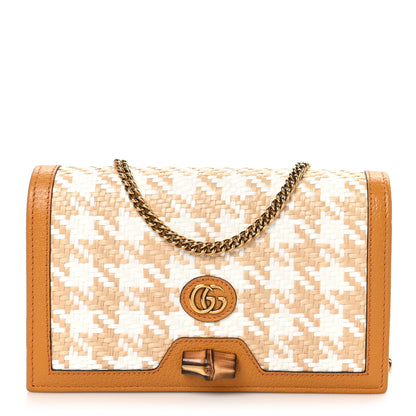 Gucci Polished Raffia Textured Dollar Calfskin Houndstooth Mini Diana Chain Bag Natural Sun Oil Mystic White 1 of 11