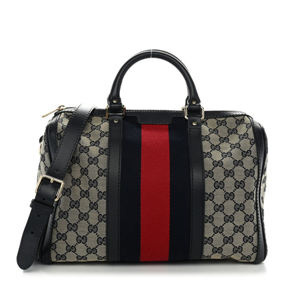 Gucci Monogram Selleria Calfskin Vintage Web Medium Boston Beige Blue 1 of 9