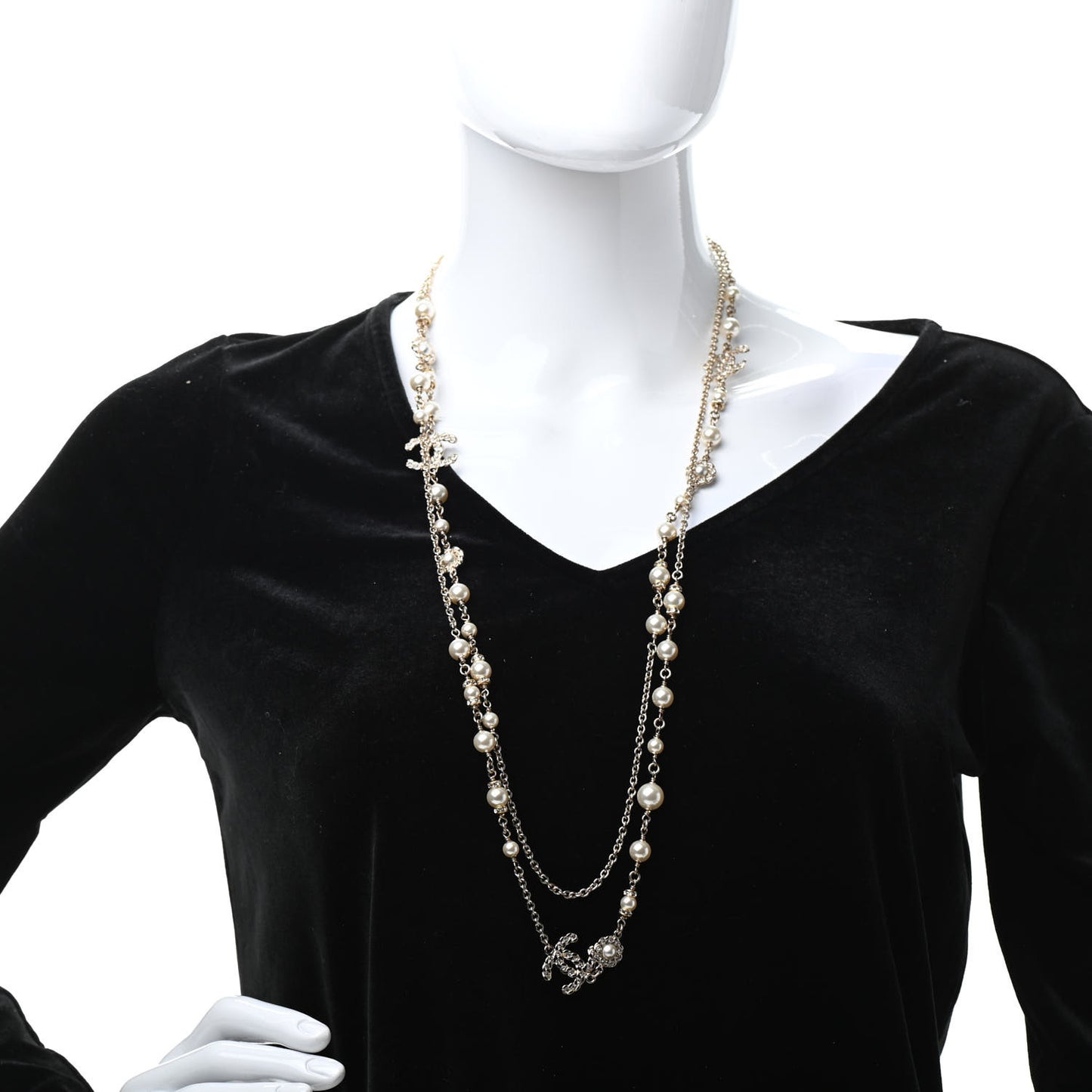 Crystal Pearl Pearls Coronation CC Long Necklace Gold