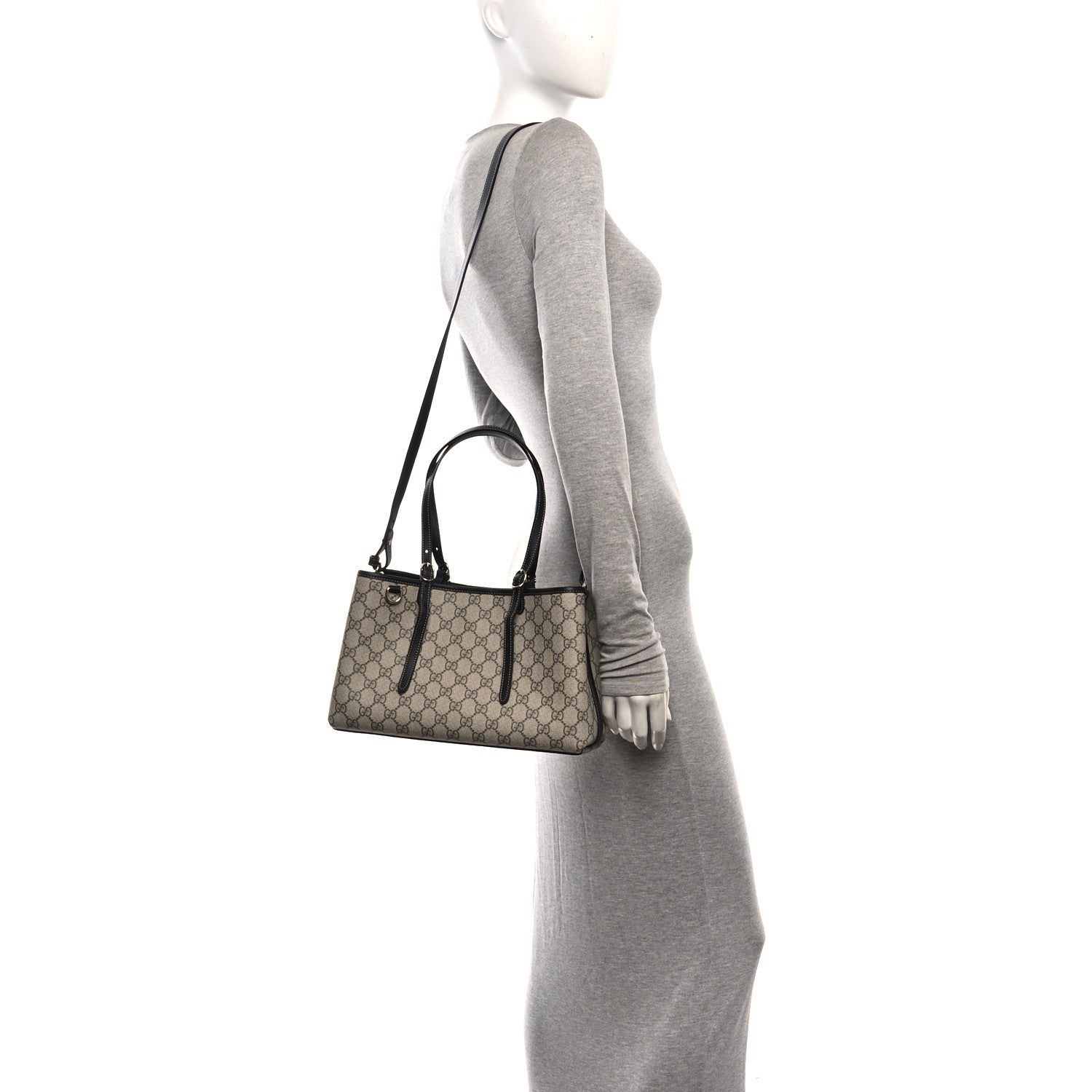 Gucci GG Supreme Monogram Emblem Medium Tote Bag Beige Black 2 of 10