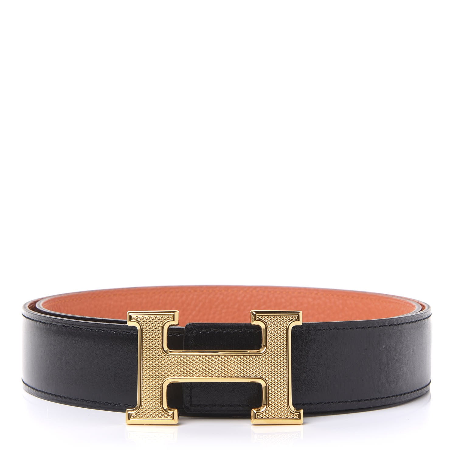 Hermes Box Togo 32mm Guilloche H Belt 85 Black Orange 1 of 7