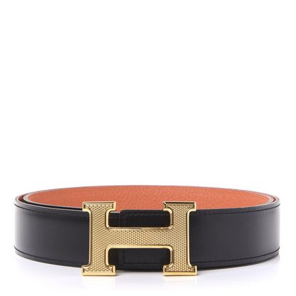 Hermes Box Togo 32mm Guilloche H Belt 85 Black Orange 1 of 7