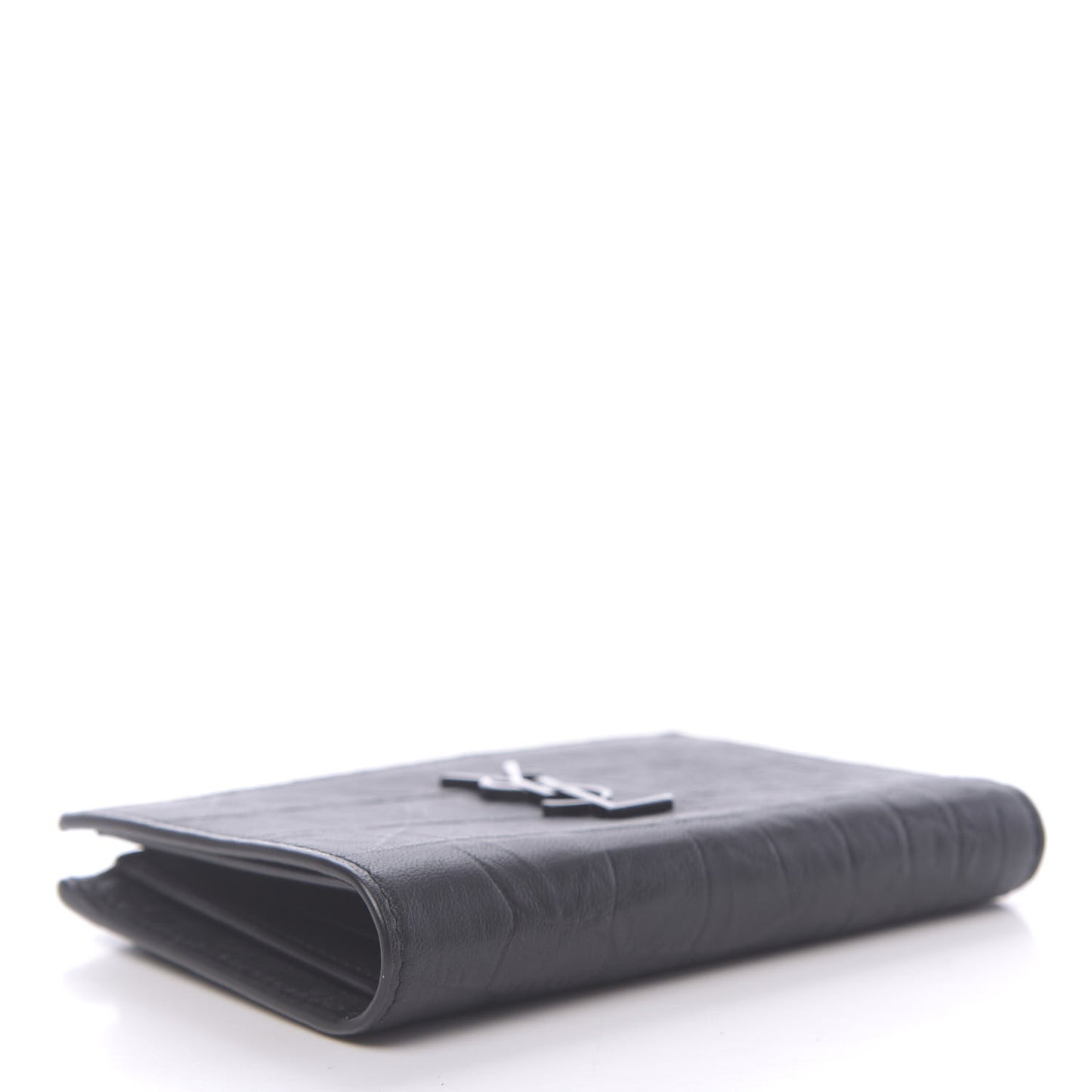 Calfskin Crocodile Embossed Monogram Bi-Fold Zipped Wallet Black