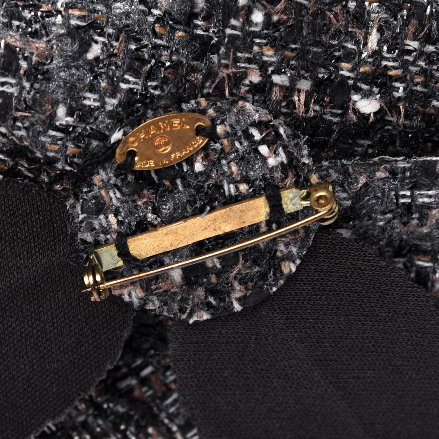 Tweed Camellia CC Pin Brooch Brown Black