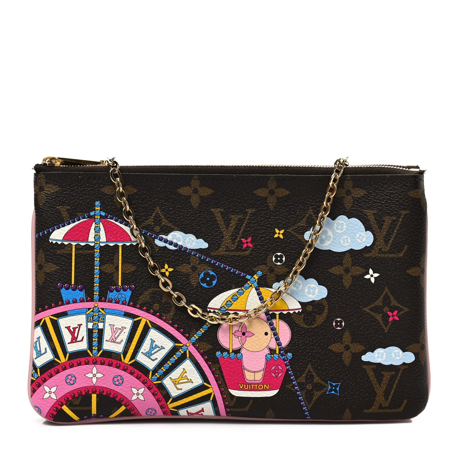 Louis Vuitton Monogram 2020 Christmas Animation Big Wheel Double Zip Pochette Rose Ballerine 1 of 7