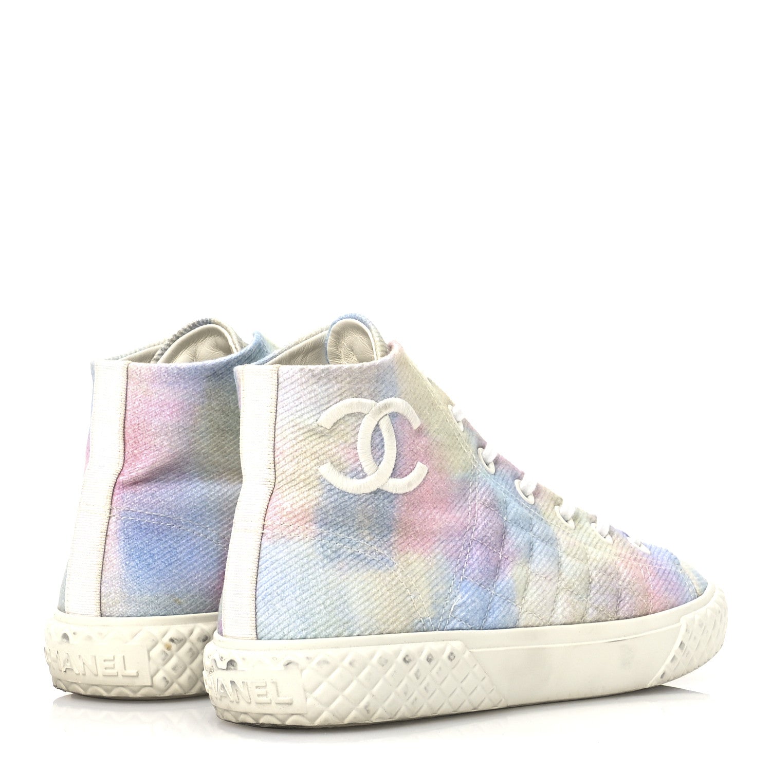Chanel Printed Fabric Quilted High Top Sneakers 38 Green Pink Blue White 5 of 8
