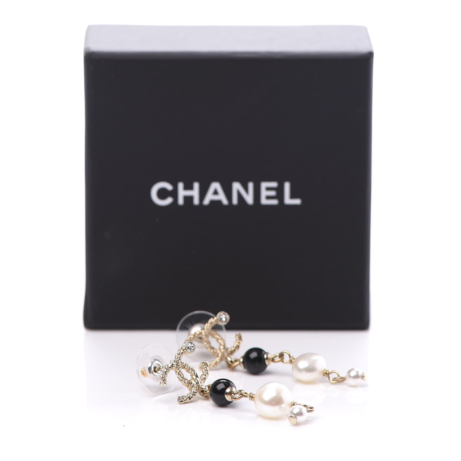 Chanel Pearl Bead Crystal CC Byzantine Drop Earrings Black Gold 5 of 5