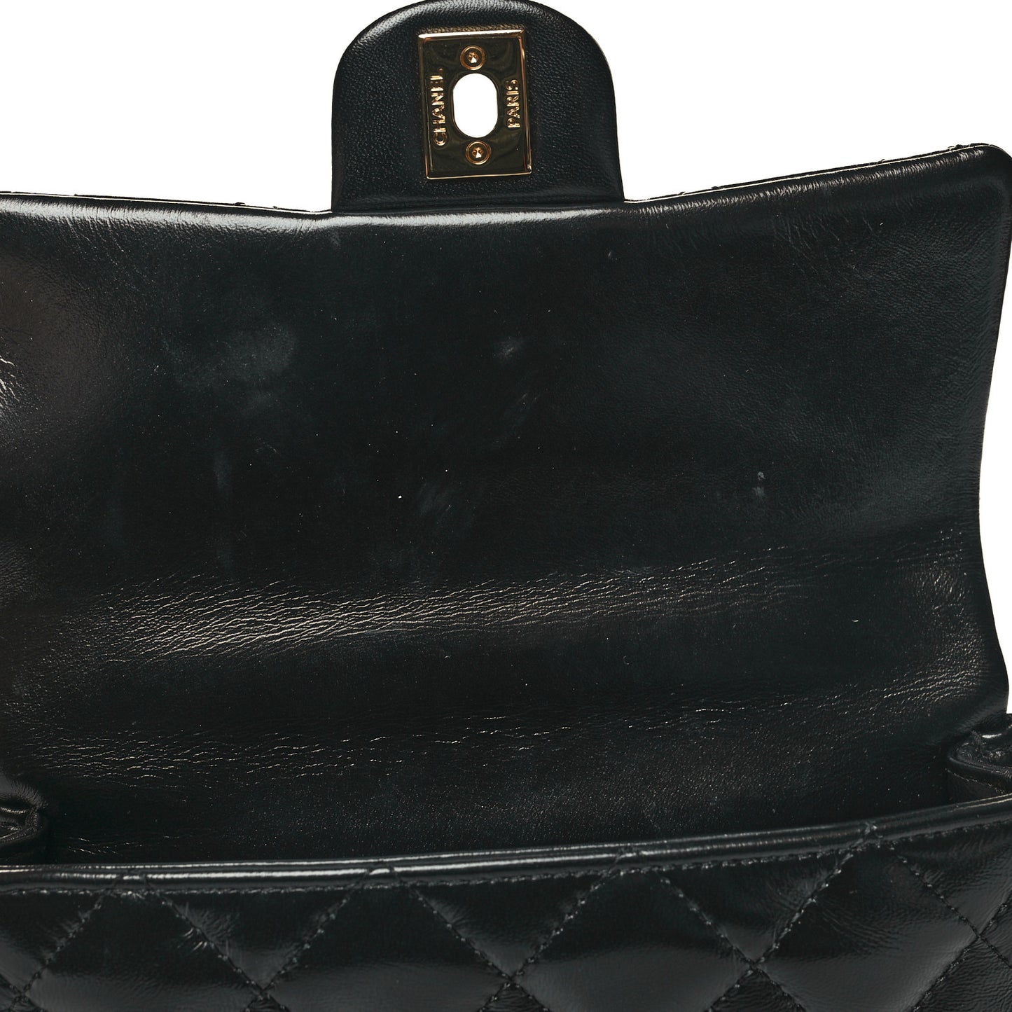 Shiny Lambskin Quilted Golden Links Top Handle Flap Black