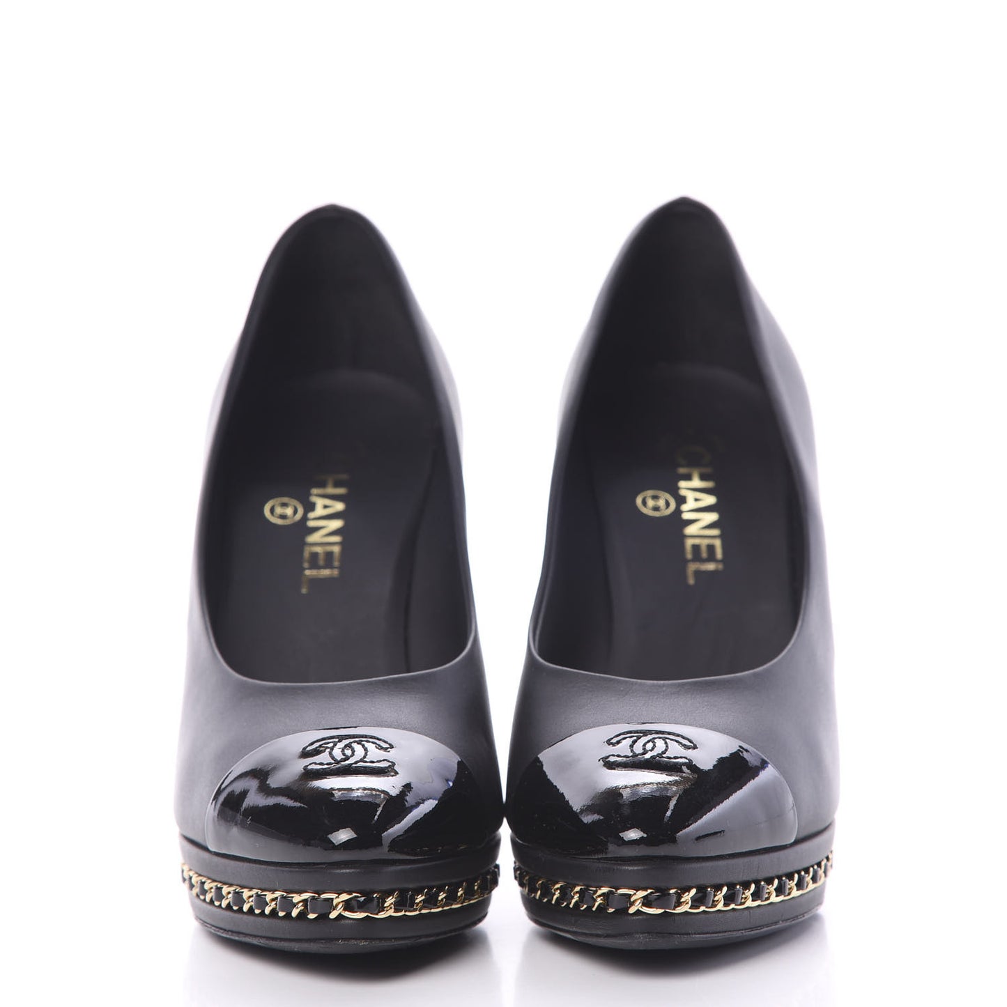 Calfskin Patent CC Cap Toe Platform Chain Pumps 39.5 Navy Black