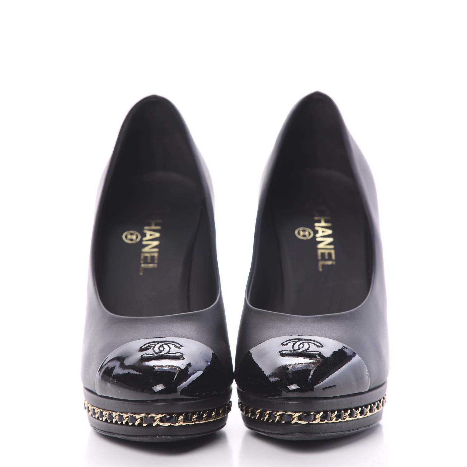Chanel Calfskin Patent CC Cap Toe Platform Chain Pumps 39.5 Navy Black 2 of 10