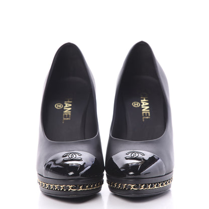 Chanel Calfskin Patent CC Cap Toe Platform Chain Pumps 39.5 Navy Black 2 of 10