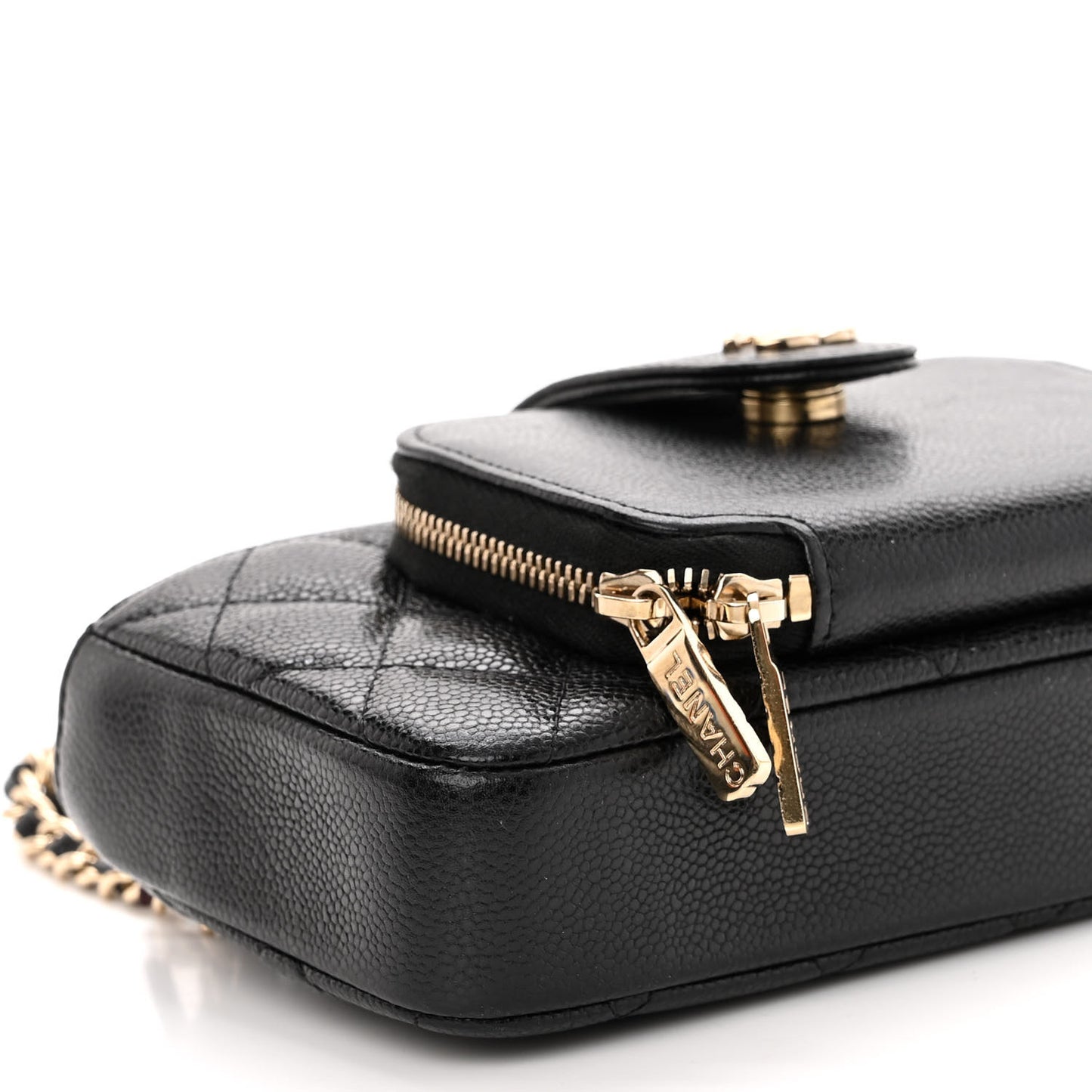 Caviar Quilted Phone Holder With Chain Black