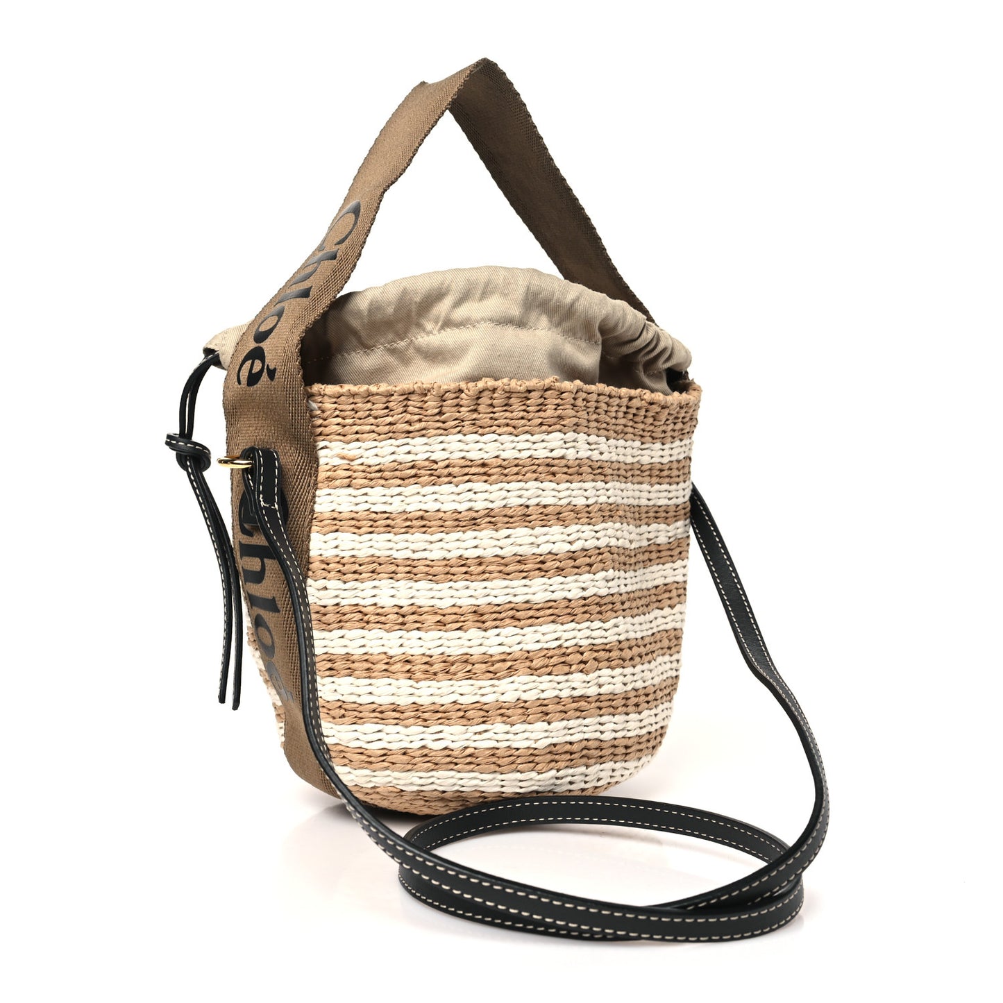 Raffia Calfskin Small Woody Striped Basket Bag Brown