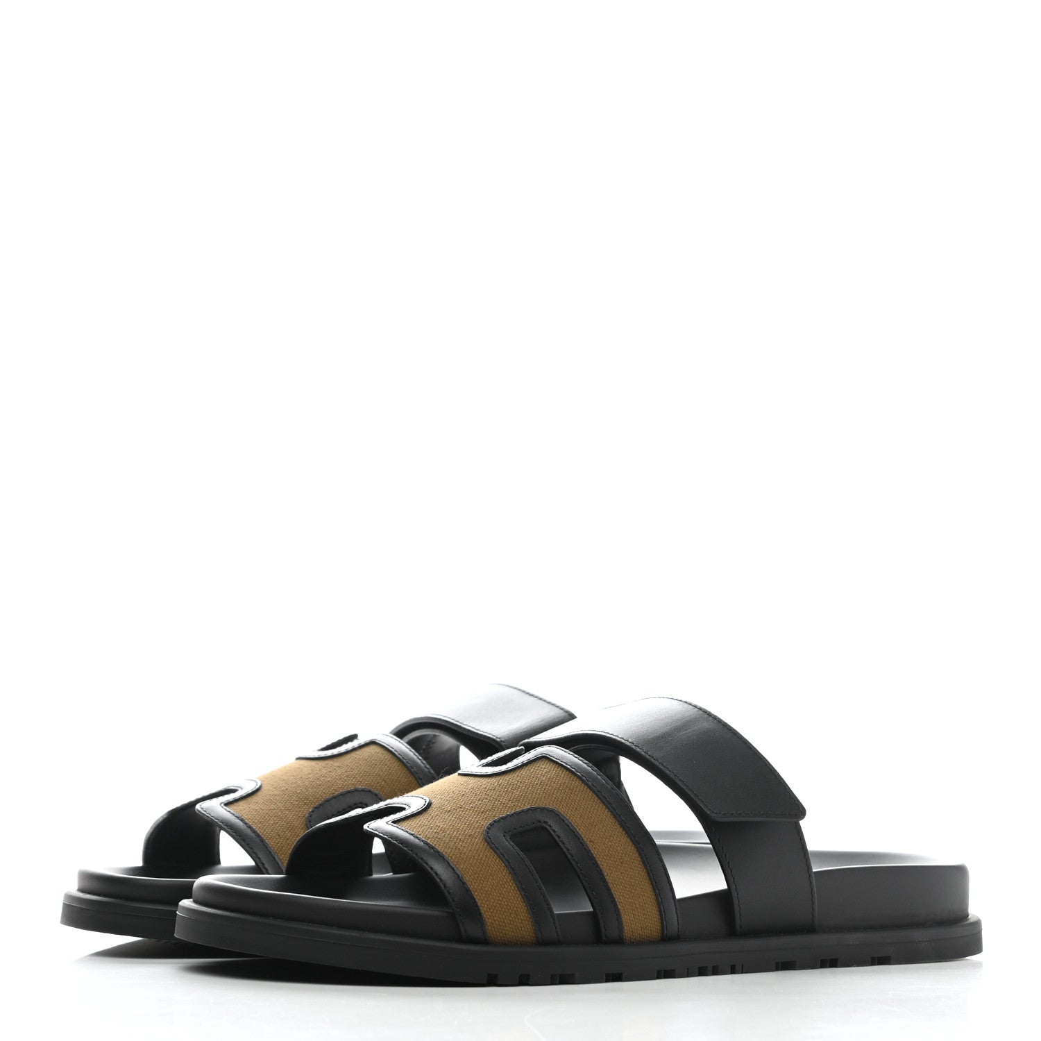 Hermes Canvas Calfskin Mens Chypre Sandals 44 Kaki Black 3 of 8